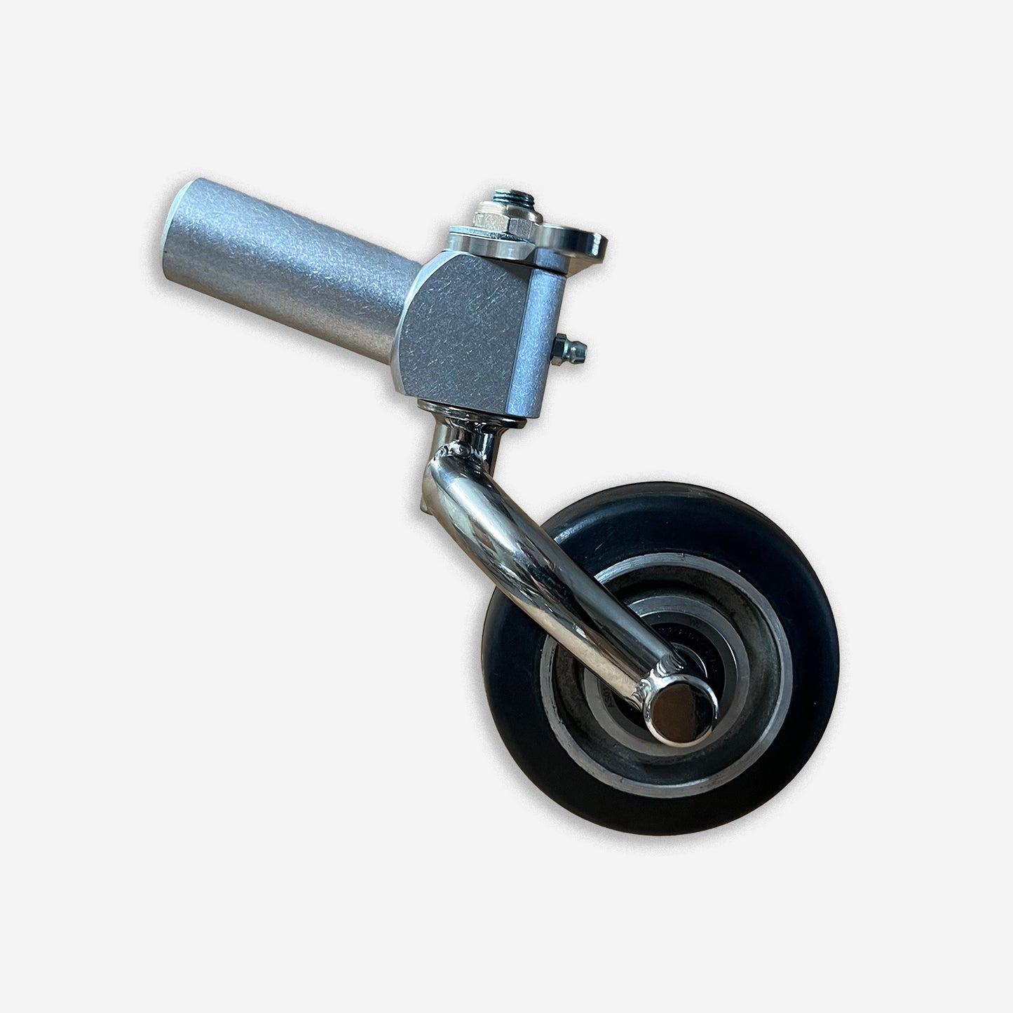 Full swivel and steerable single fork tailwheel assembly for homebuilts. 10 degree round tailspring and 4 inch solid rubber wheel with sealed ball bearings.
