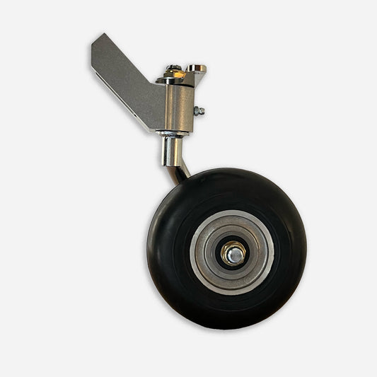 Full swivel and steerable single fork tailwheel assembly for homebuilts. 45 degree flat tailspring and 6 inch solid rubber wheel with sealed ball bearings.