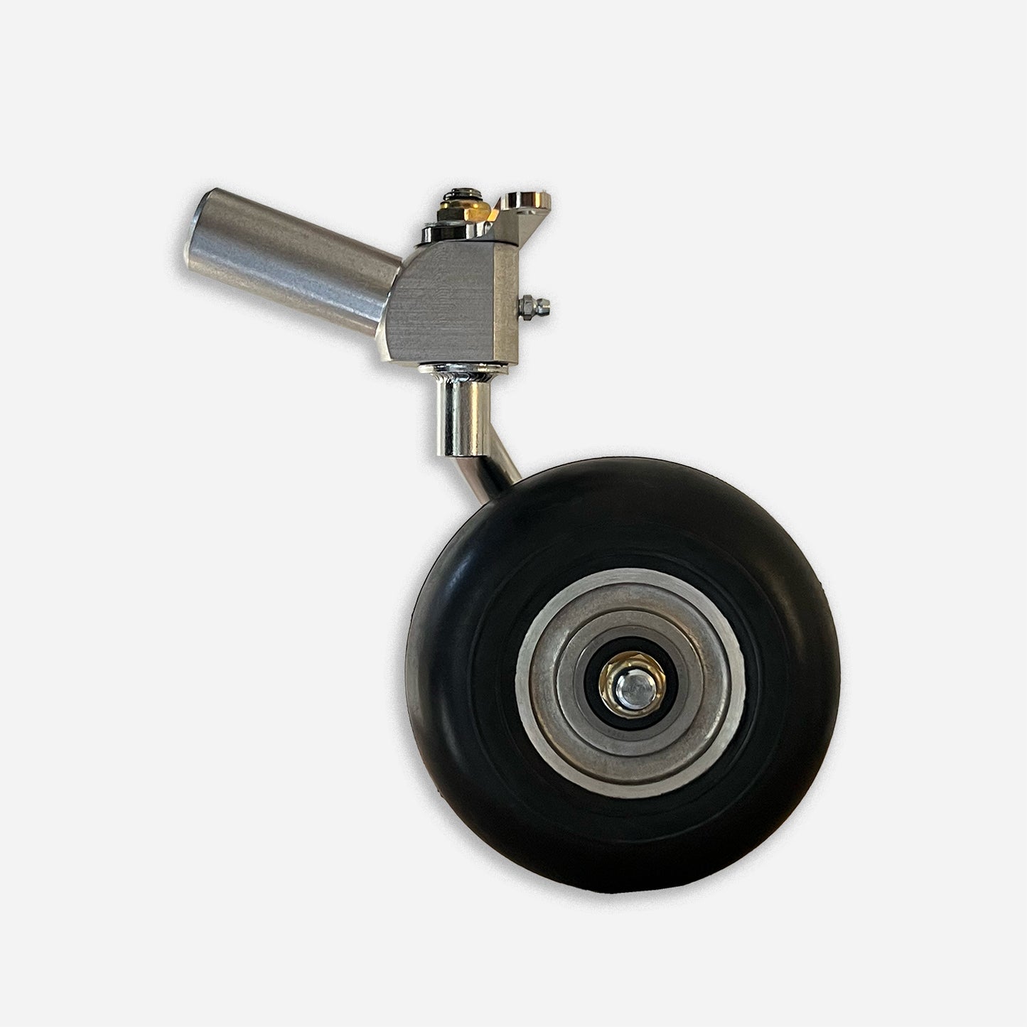 Full swivel and steerable single fork tailwheel assembly for homebuilts. 20 degree round tailspring and 6 inch solid rubber wheel with sealed ball bearings.