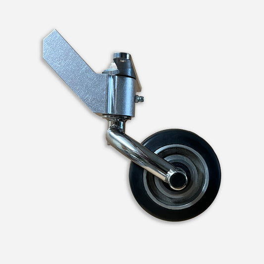 Full swivel and steerable double fork tailwheel assembly for homebuilts. 45 degree flat tailspring and 4 inch solid rubber wheel with sealed ball bearings.